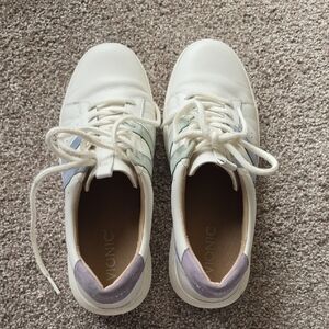 Vionic White Leather Sneakers with Pastel Blue, Green, and Lavender Accents